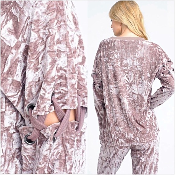 Creamy Crushed Velvet Laceup Slv Top SM - Picture 3 of 5